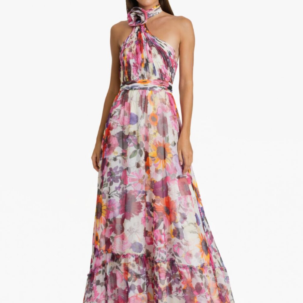 Mac Duggal Floral Halter Asymmetrical Evening Gown in Pink, Purple, Orange